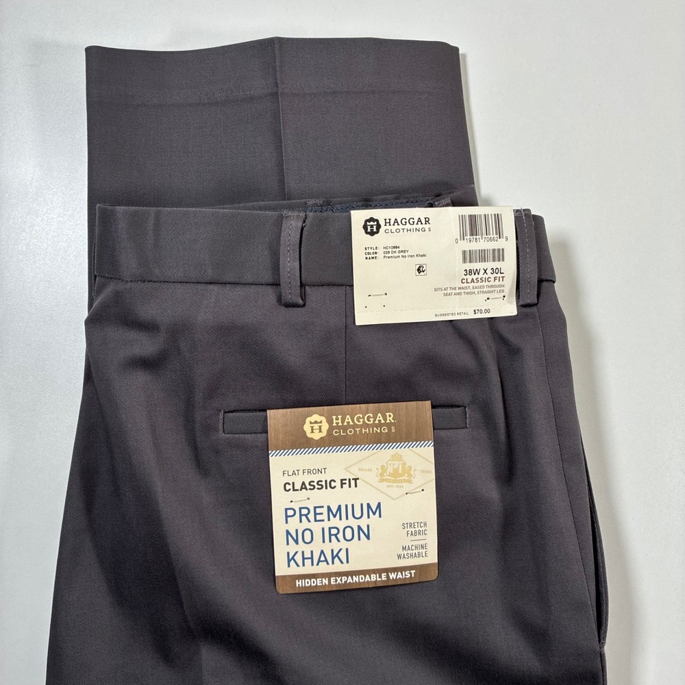 NEW Haggar Khaki Pants 38x30 Dark Grey Premium No Iron Classic Fit HC10884